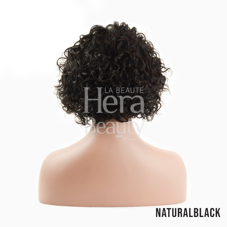 OUTRE 10 inch unprocessed human hair wig natural black short curly bob on mannequin back view
