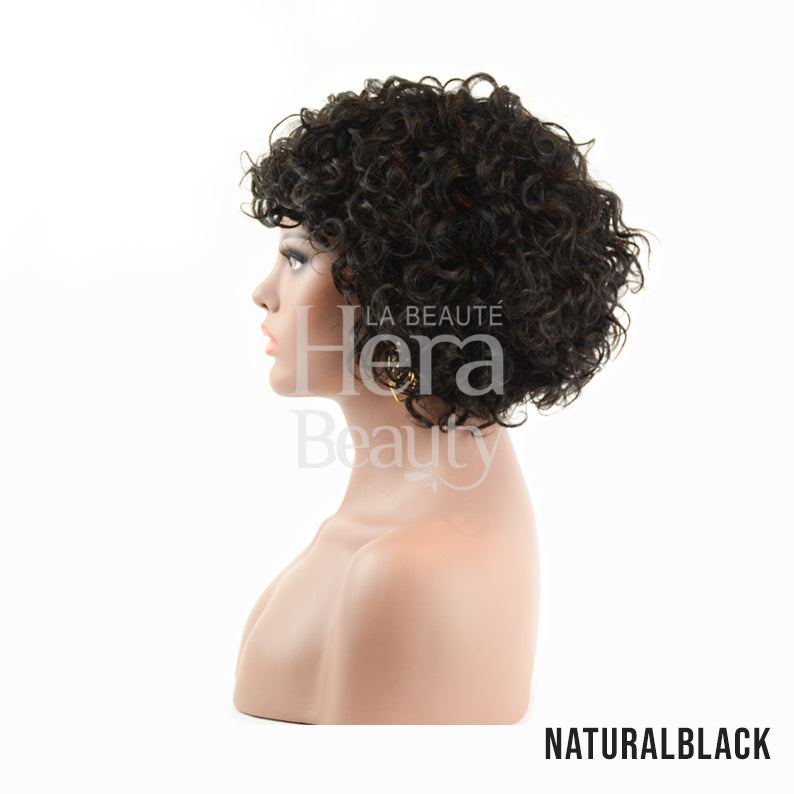 OUTRE 10 inch unprocessed human hair wig in natural black short curly style on mannequin head