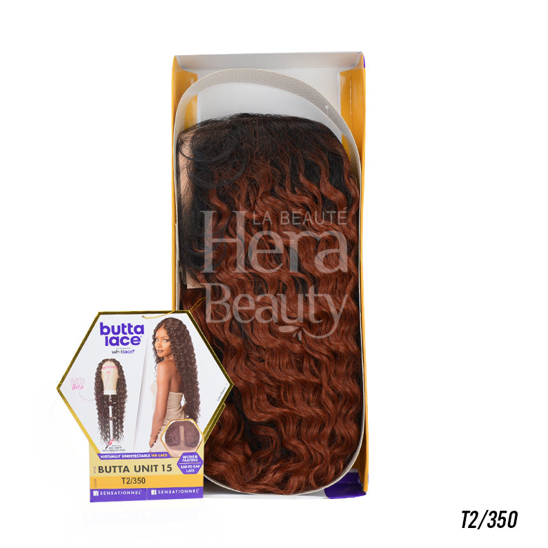 SENSATIONNEL Butta Lace Unit 15 wig in T2 350 wavy brunette to auburn ombre packaged in display box with model card