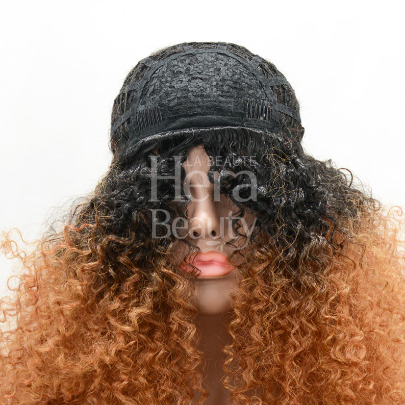 SENSATIONNEL instant up and down ponytail wig black to copper deep curly hair with inside combs
