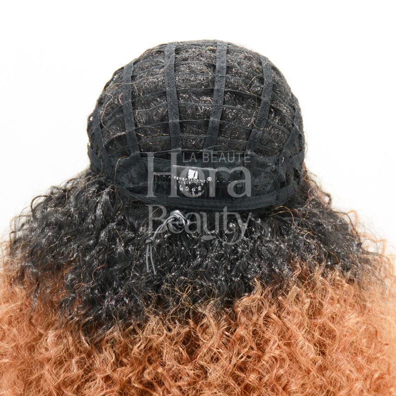 SENSATIONNEL instant up and down ponytail wig rear view showing black cap and curly ombre hair
