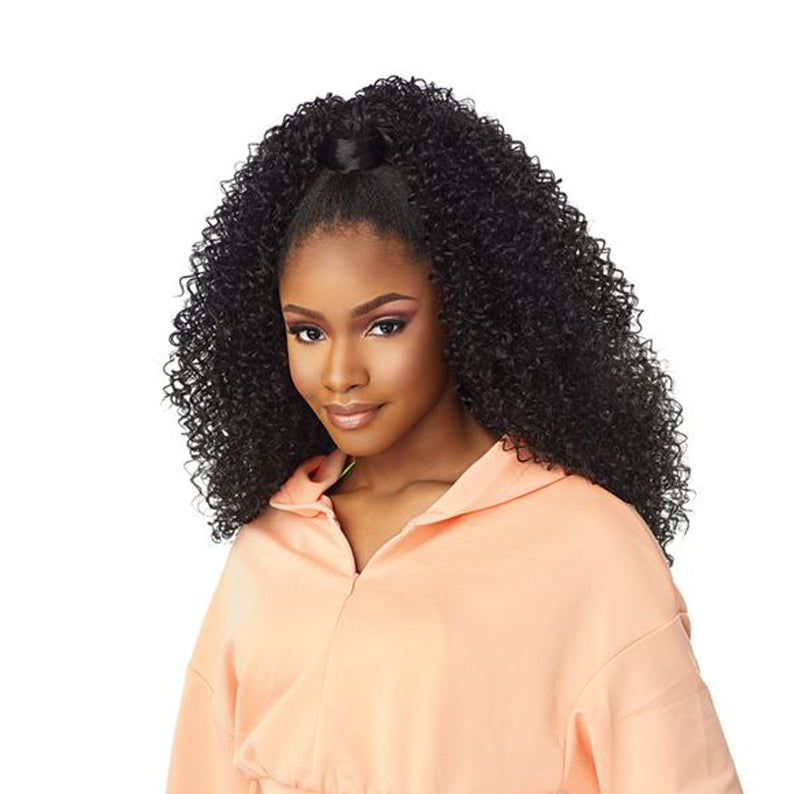 SENSATIONNEL instant up and down ponytail wig curly black with voluminous half up half down style on model