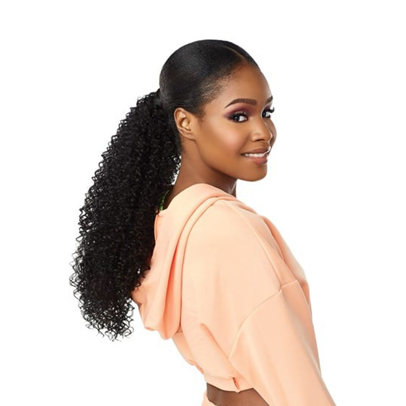 SENSATIONNEL curly long black instant up and down ponytail wig with sleek edges on smiling model