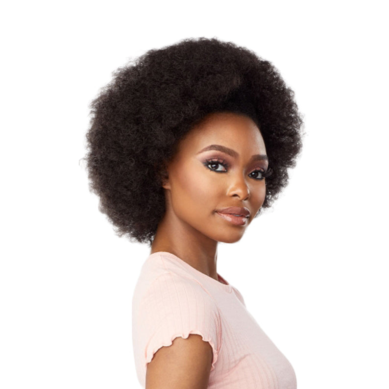 SENSATIONNEL instant weave synthetic half wig natural black afro texture on model for voluminous easy style