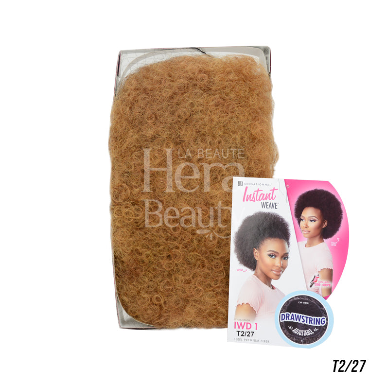 Sensationnel instant weave synthetic half wig T2 27 light brown curly afro texture with drawstring packaging