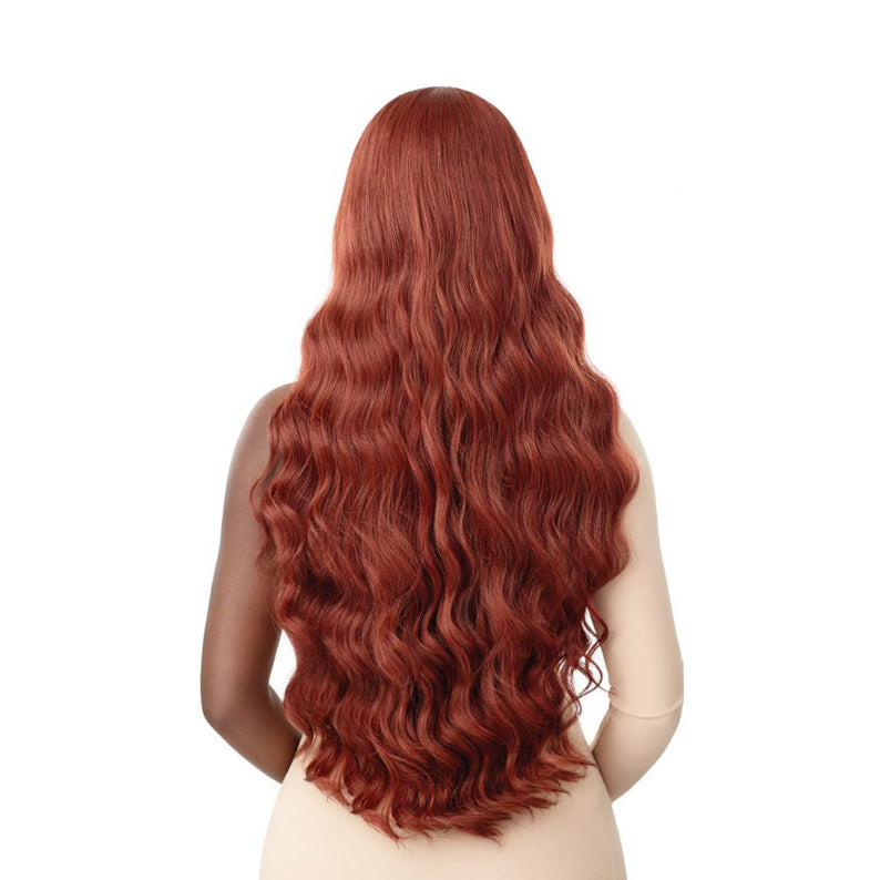 OUTRE lace front wig 30 inch synthetic long wavy auburn red hair back view on mannequin ideal for styling and everyday wear