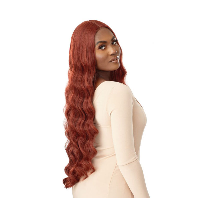 OUTRE lace front wig 30 inch synthetic long wavy auburn red on model with center part