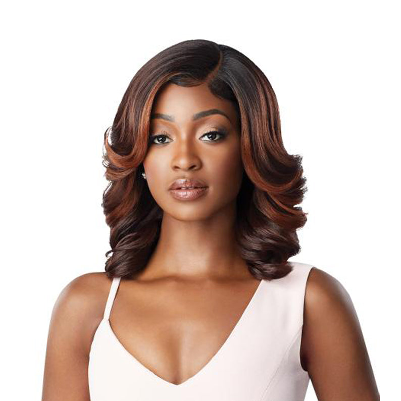 OUTRE melted hairline lace front wig medium brown shoulder length soft layered curls on woman model