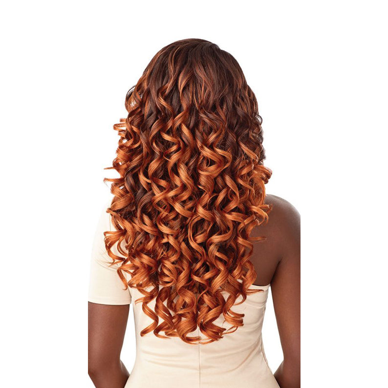 OUTRE melted hairline lace front wig with long curly auburn hair styled on model