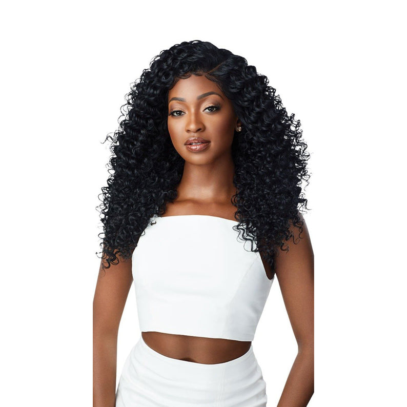 OUTRE 13x6 lace frontal wig long black deep curly hair on model with natural hairline and side part