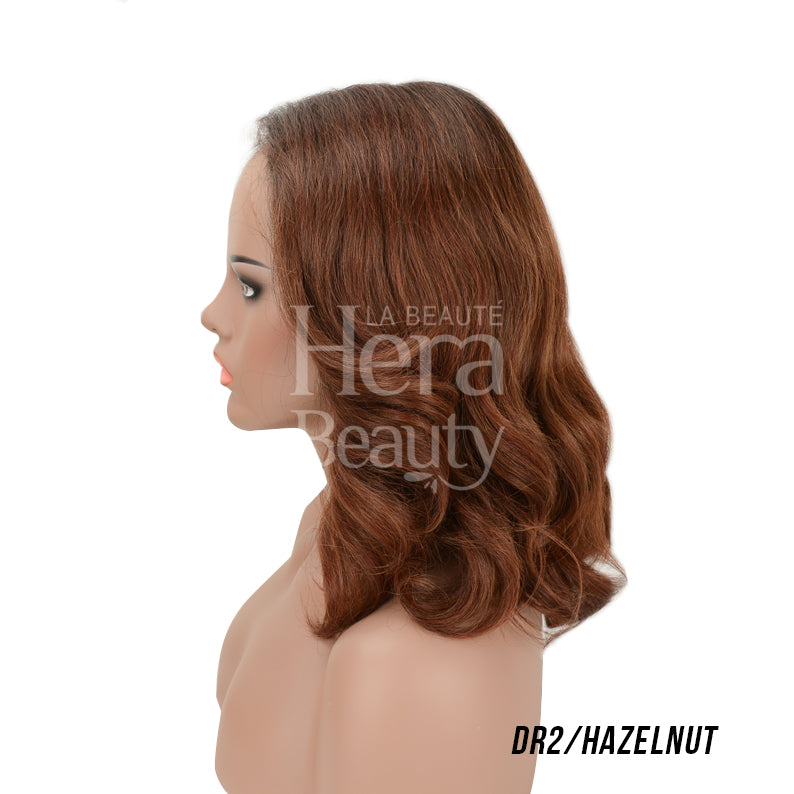 OUTRE 14 inch lace front wig synthetic DR2 Hazelnut shoulder length wavy hair on mannequin side profile