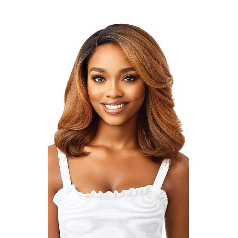 OUTRE 14 inch lace front wig synthetic honey brown side part voluminous shoulder length lob