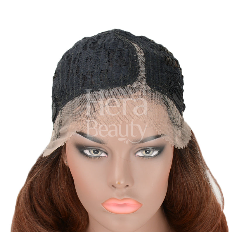 OUTRE 14 inch lace front wig synthetic on mannequin head showing brown hair and lace cap
