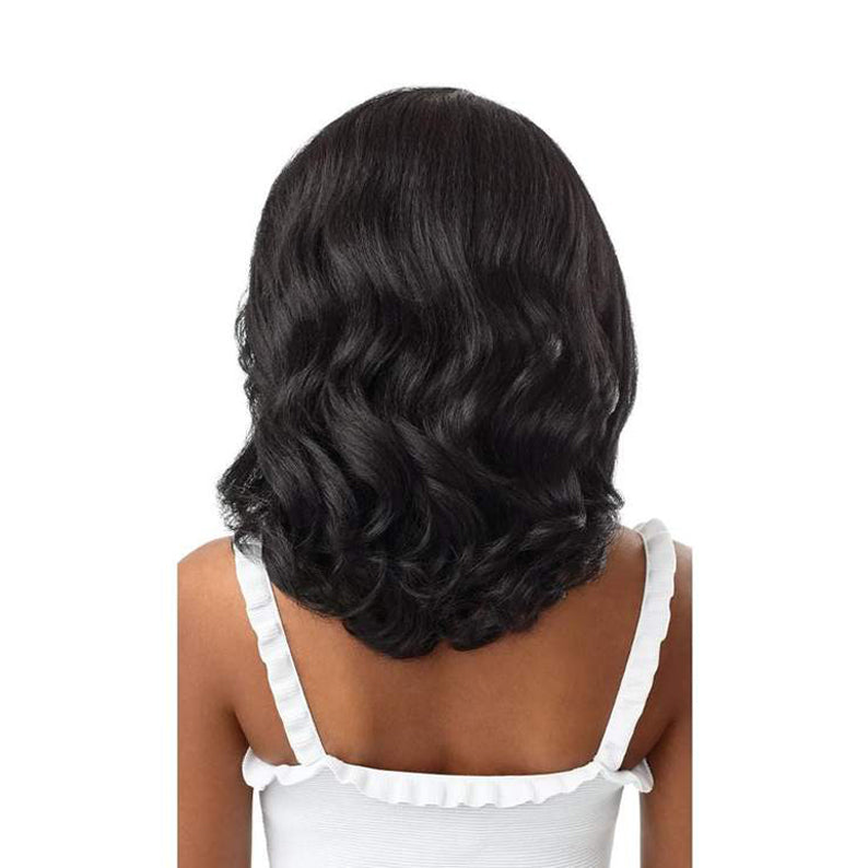 OUTRE 14 inch lace front wig synthetic black wavy bob shown from back on model with shoulder length waves