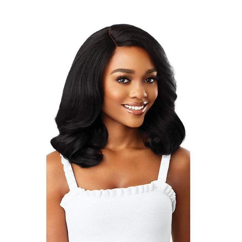 OUTRE 14 inch lace front wig synthetic shoulder length black wavy hair with natural side part for everyday wear