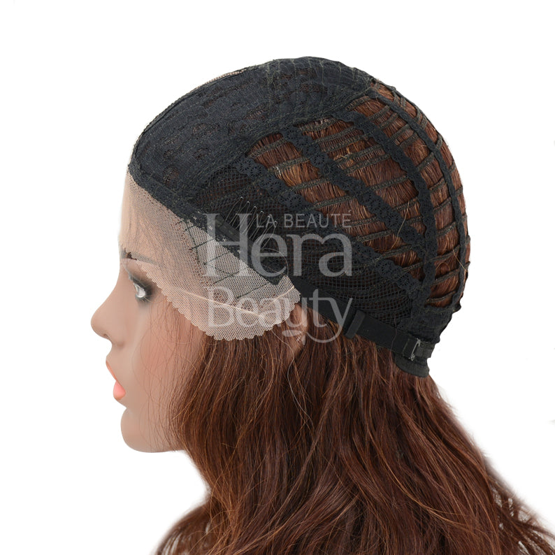 OUTRE 16 inch lace front wig showing open cap construction and adjustable straps in brown color