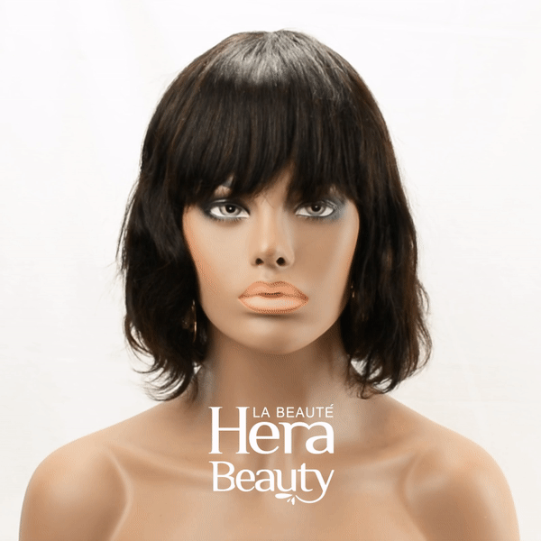 SHAKE N GO Brazilian human hair wig shoulder length layered black bob with full bangs on mannequin