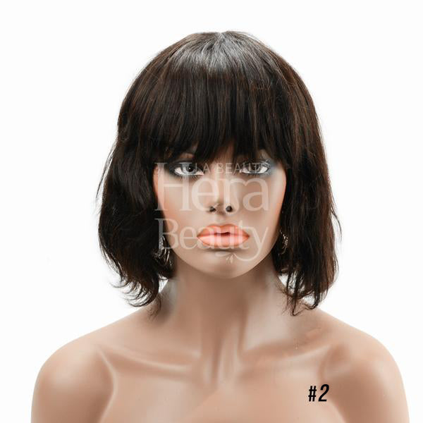 SHAKE N GO Brazilian human hair wig short dark brown bob with full bangs shoulder length layered ends