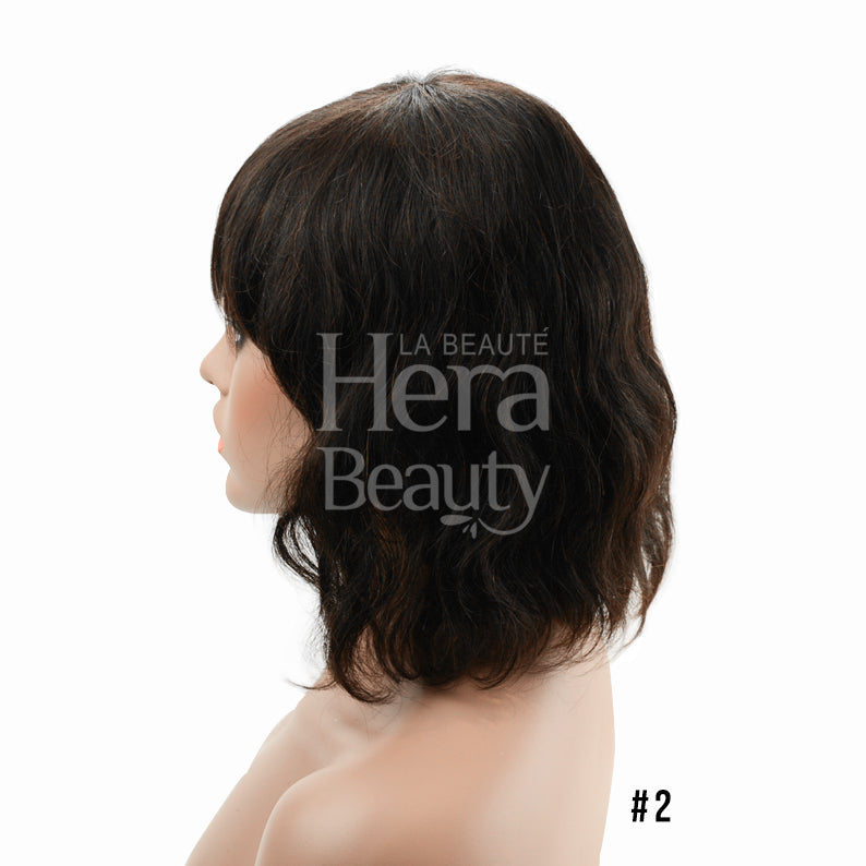 SHAKE N GO Brazilian human hair wig shoulder length wavy bob with bangs in dark brown shade 2