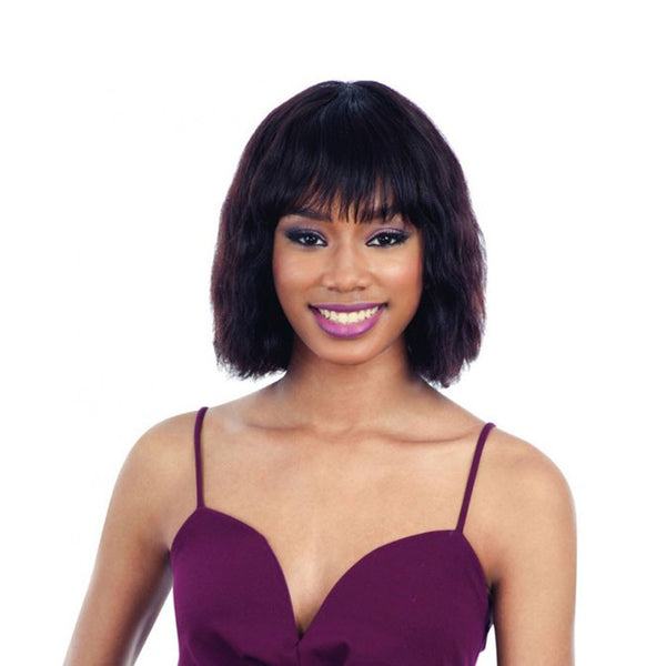 SHAKE N GO Brazilian human hair wig short bob with bangs dark brown model wearing purple dress