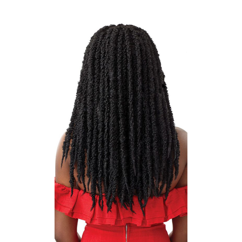 OUTRE butterfly locs lace front wig long natural black textured locs shown from back on model wearing red top