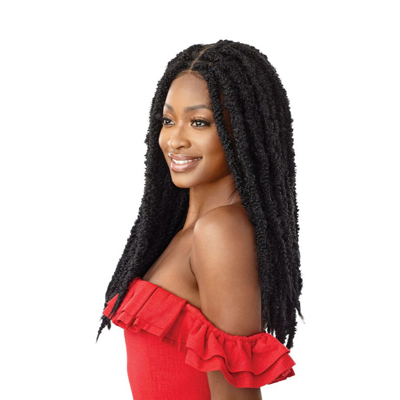 OUTRE butterfly locs lace front wig in jet black on smiling model wearing red off shoulder dress
