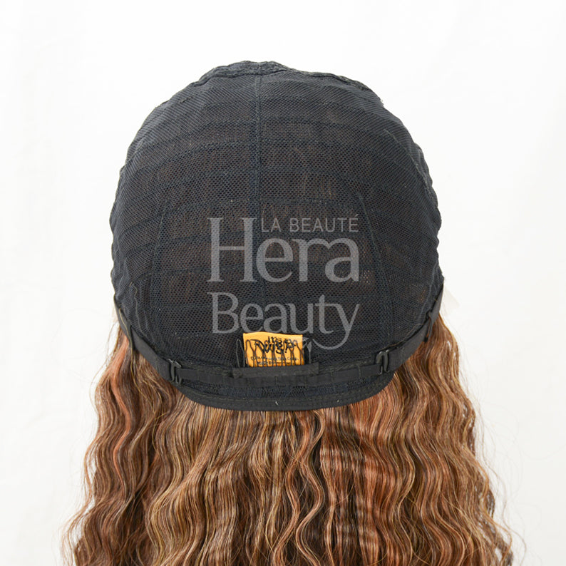Back view of HD lace front crimped wig showing black mesh cap with adjustable strap and brown crimped waves