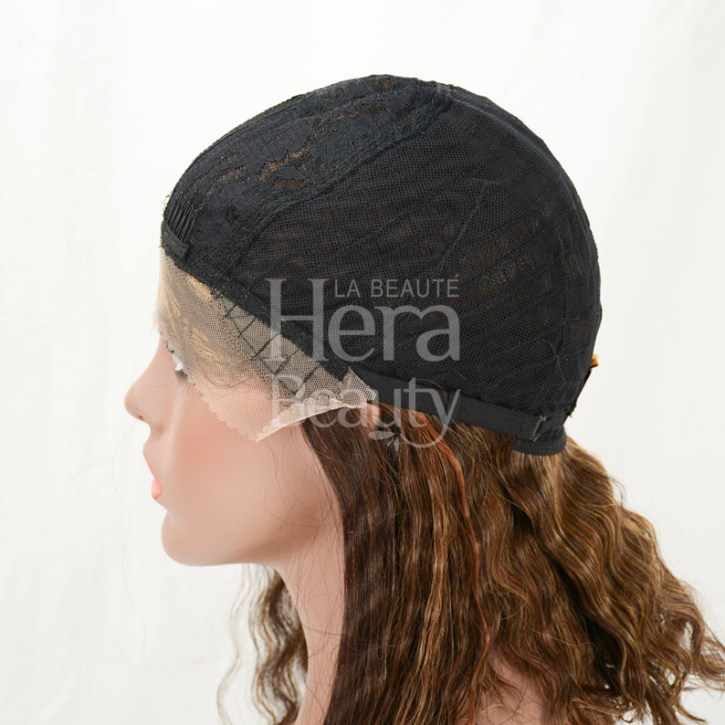 HD lace front crimped wig on mannequin showing visible lace cap and textured crimped brown hair