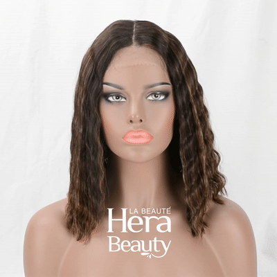 HD lace front crimped wig shoulder length dark brown with center part on mannequin display