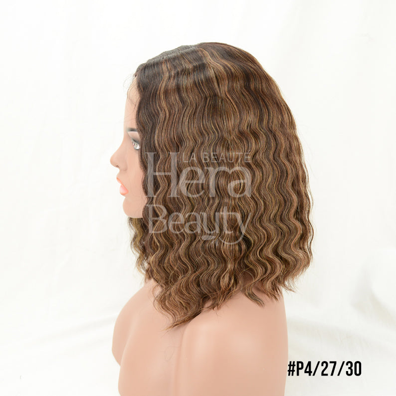 ITS A WIG HD lace front crimped wig shoulder length wavy brown highlighted color P4 27 30 side profile mannequin