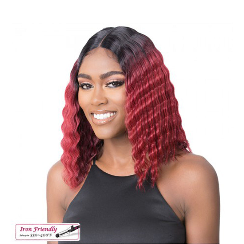 ITS A WIG HD lace front crimped wig shoulder length red ombre with dark roots middle part on smiling model
