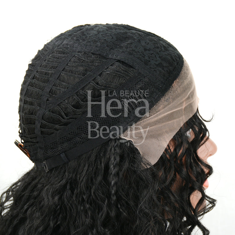 Black curly HD lace wig Catalina showing lace front cap interior adjustable straps and side profile