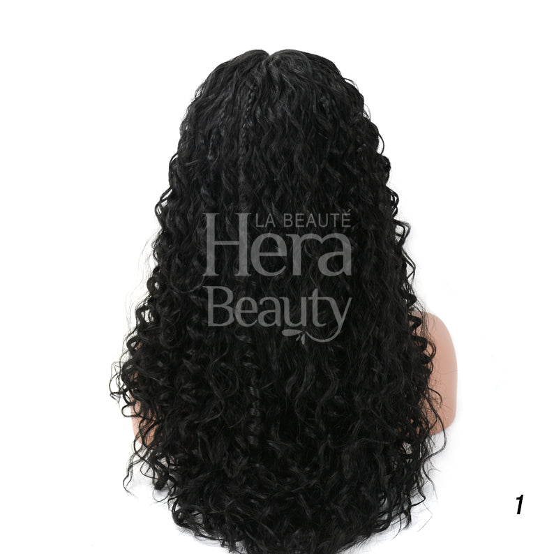 Back view long black curly wig on mannequin by ITS A WIG HD lace wig Catalina showing cascading curls