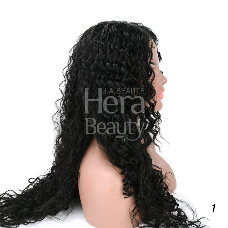 HD lace wig Catalina long black deep wave wig on mannequin side profile for natural hairline
