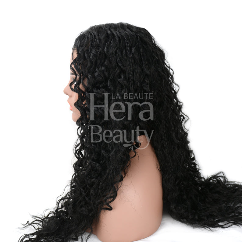 HD lace wig Catalina long black wet look deep curly wig on mannequin side profile with natural hairline