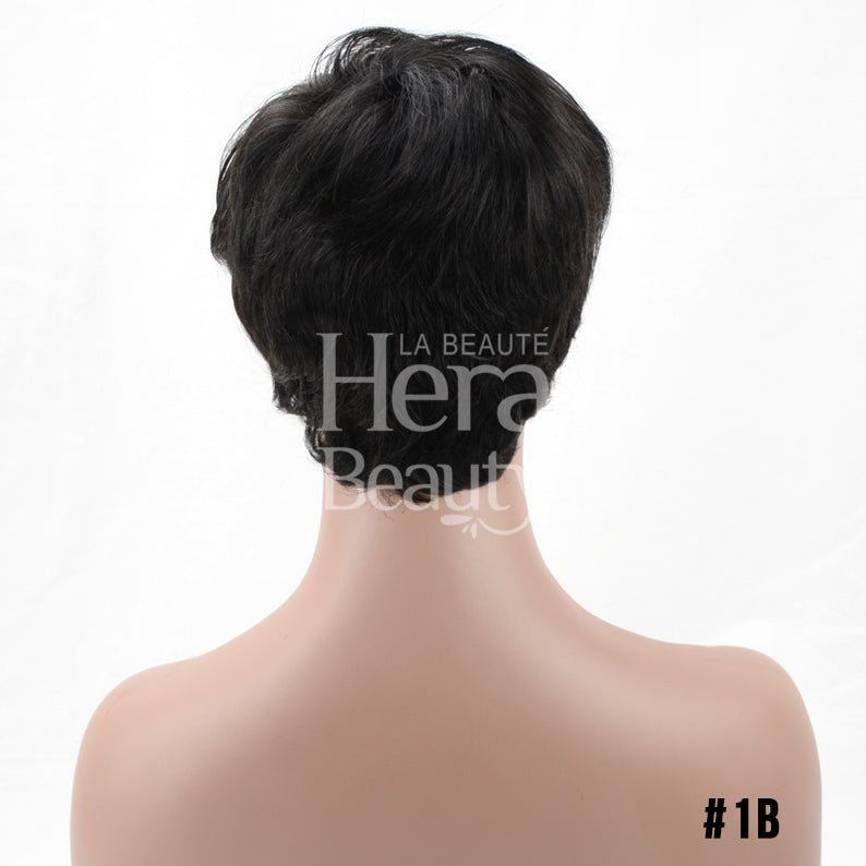 OUTRE human hair pixie wig in natural black 1B short textured back view on mannequin