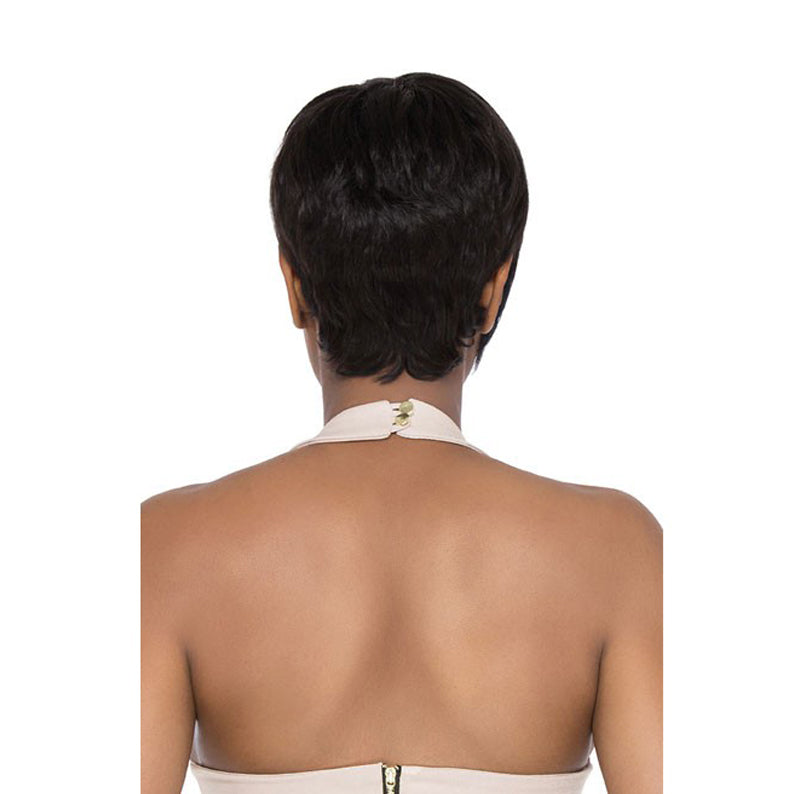 OUTRE human hair pixie wig in natural black showing tapered layered nape on model back view