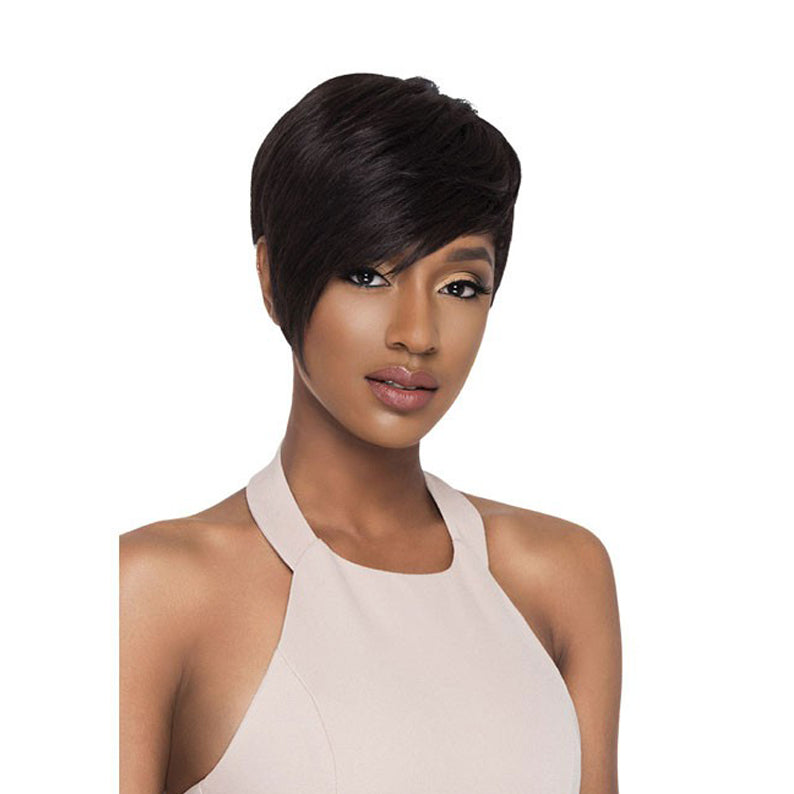 OUTRE human hair pixie wig in dark brown with side swept bangs on model for sleek everyday style