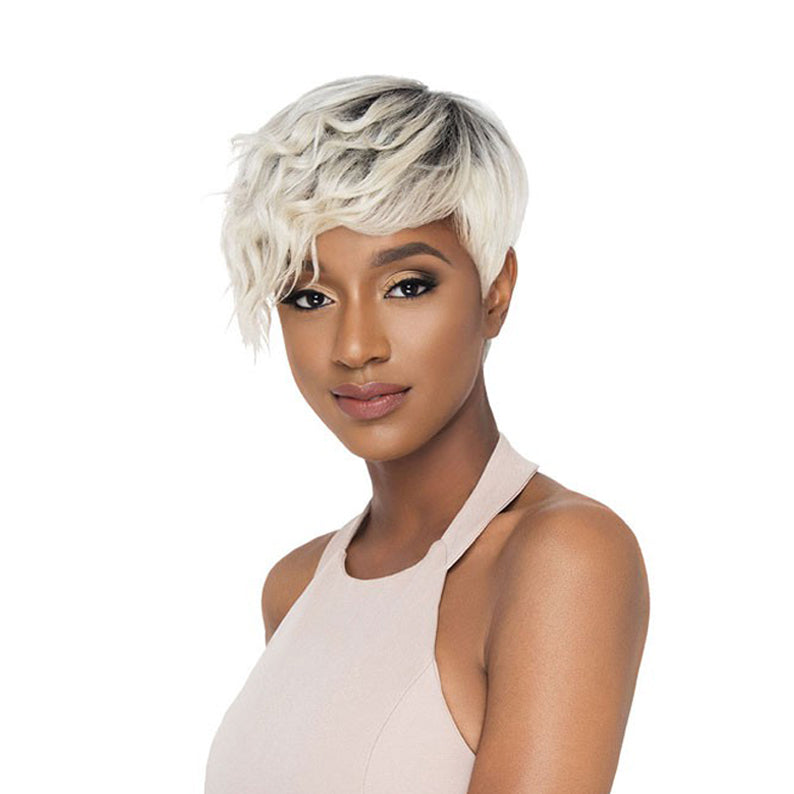 OUTRE human hair pixie wig platinum blonde with textured side swept waves on model