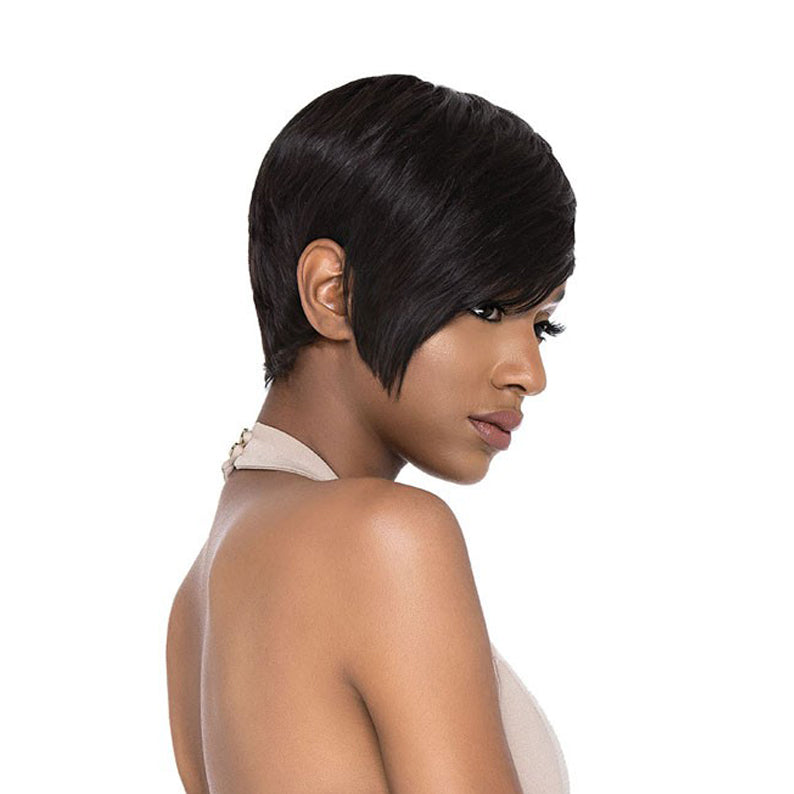 OUTRE human hair pixie wig sleek short black pixie with side swept bangs shown on model in profile