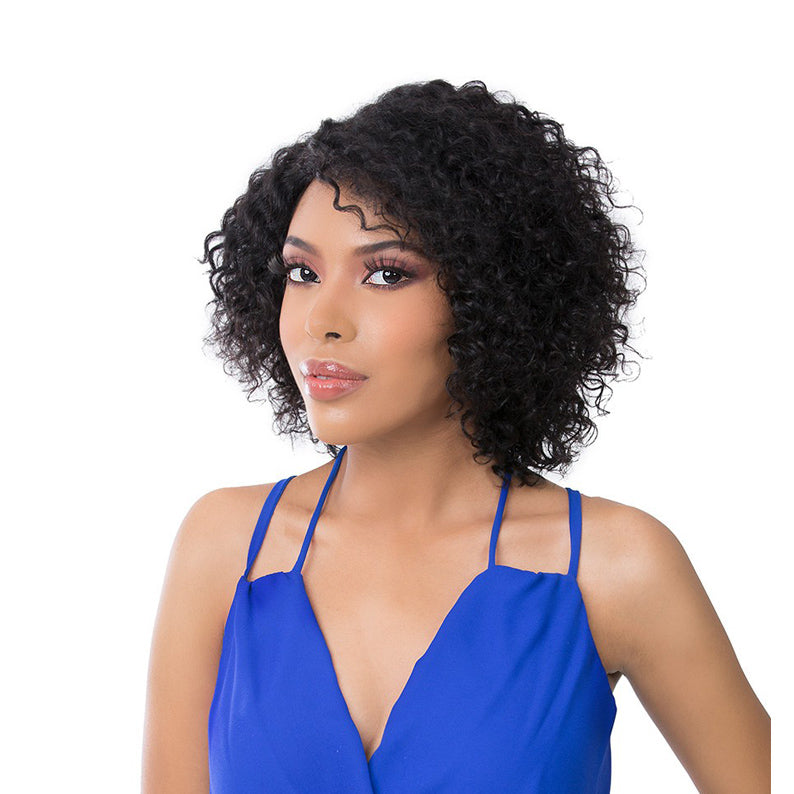 ITS A WIG human hair T-part wig short curly black bob on model with natural texture and defined ringlets