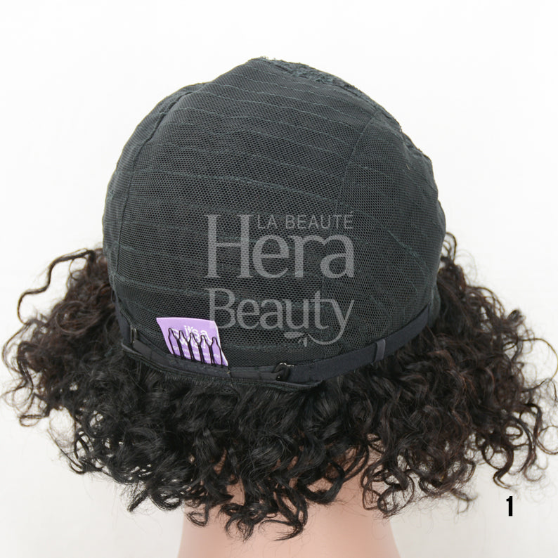 ITS A WIG human hair T-part wig back view showing black cap and short curly black hair