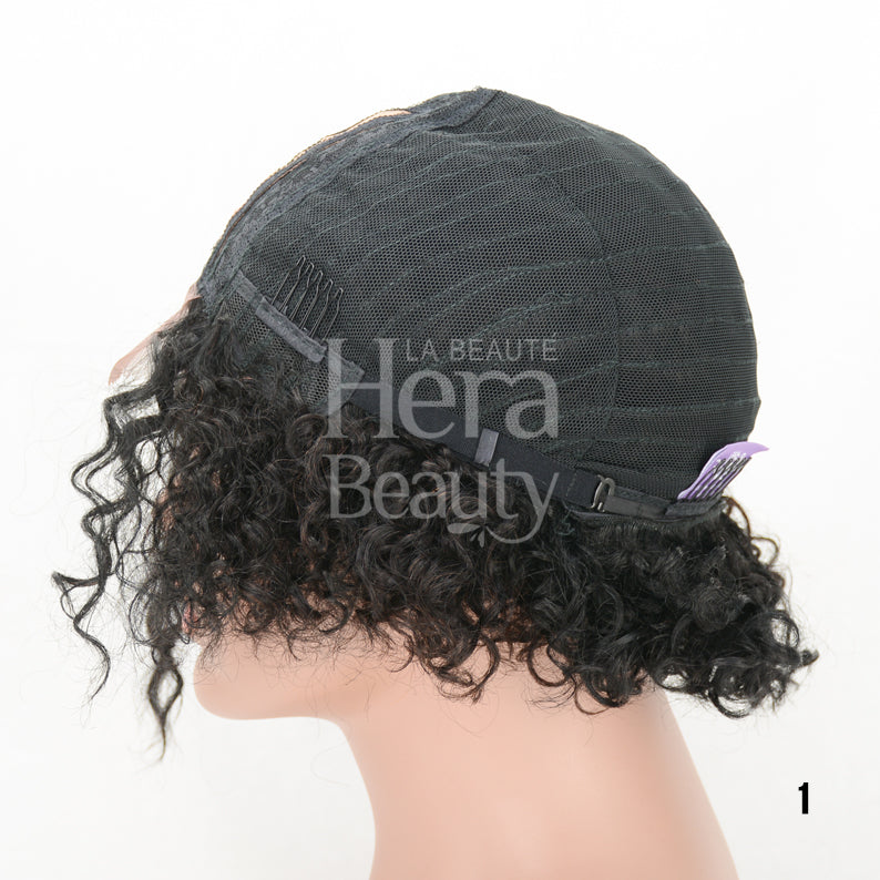 ITS A WIG short black curly human hair T-part wig showing cap interior and adjustable back straps on mannequin