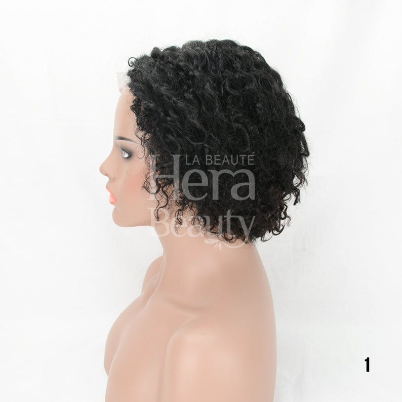 Mannequin side profile wearing short curly black human hair T-part wig for natural textured style