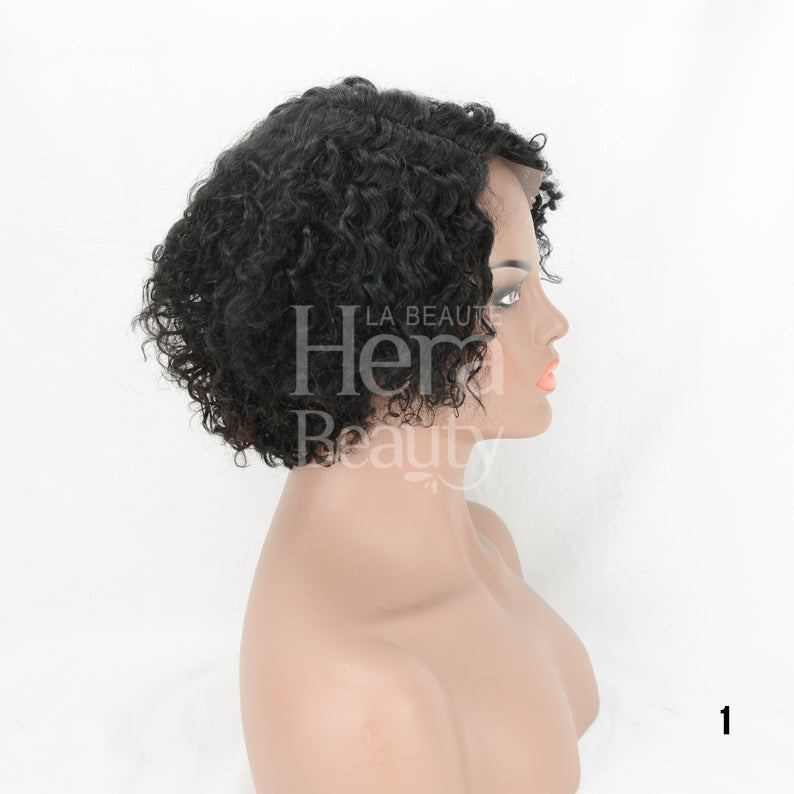 Short curly black human hair T-part wig displayed on mannequin side profile natural textured bob