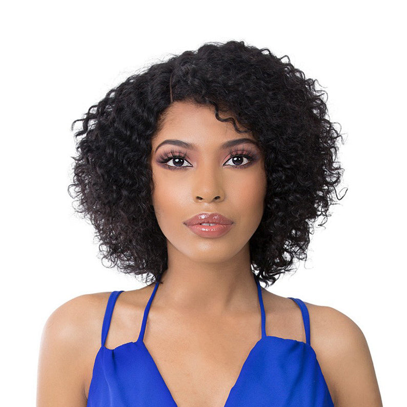 Model wearing ITS A WIG short curly black human hair T-part wig shoulder length natural style