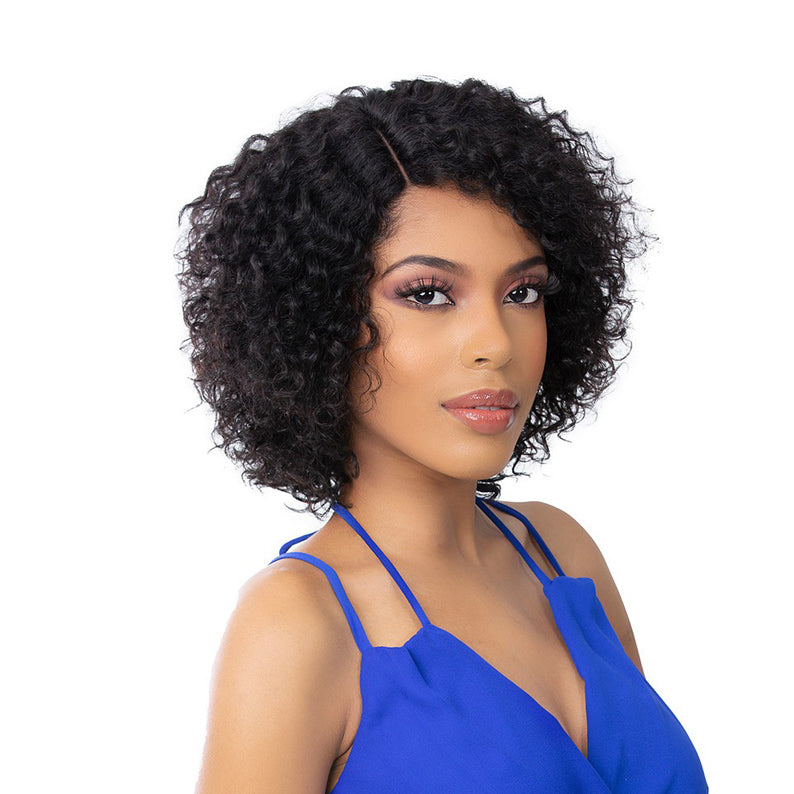 ITS A WIG human hair T-part wig short black curly bob on model with natural hairline and soft texture