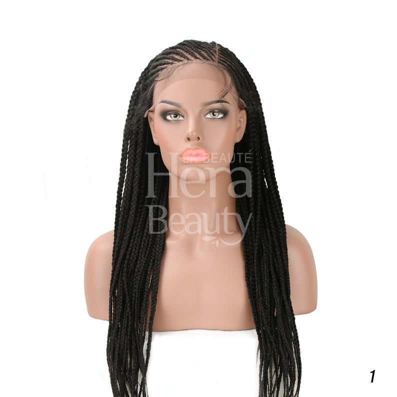 Its a Wig lace front micro cornrow wig long black micro braids on mannequin with natural hairline