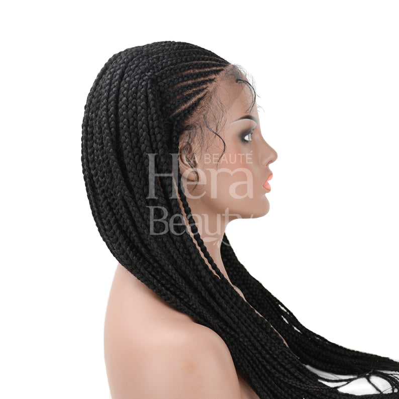 lace front micro cornrow wig long black braids on mannequin side profile with natural hairline