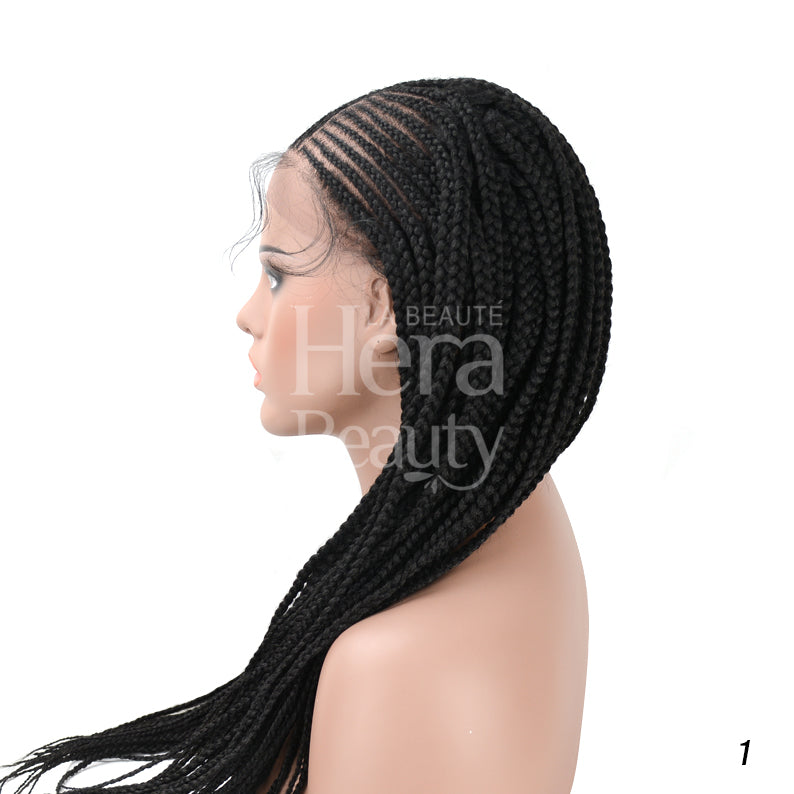ITS A WIG lace front micro cornrow wig with long black micro braids and natural hairline on a mannequin